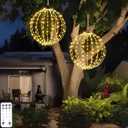 16" Large Outdoor Hanging Lighted Sphere, Christmas Decoration Light Balls, 2 in 1 Warm White and Multicolor Chandelier, 208 LED Iron Frame Foldable Globe for Patio Tree Gazebo Decor (2PK Plug in)