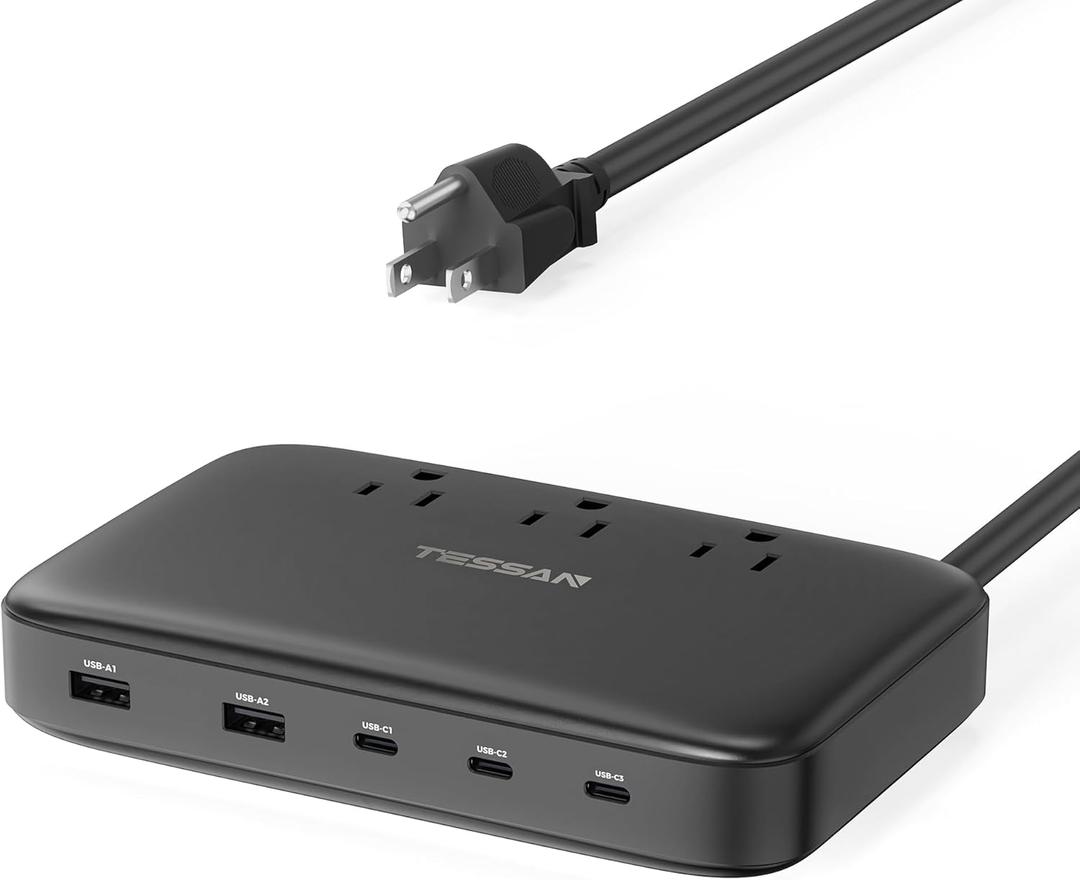 PD 130W Charging Station for Multiple Devices, TESSAN 8-in-1 USB C Charger Block Compatible with iPhone 17/16/15, MacBook, Tablet, Charging Dock with 3 USB-C, 2 USB-A & 3 AC, Home Office Accessories