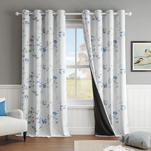 Beauoop Floral 100% Blackout Curtains 90 Inches Long 2 Panels for Bedroom Living Room Blue Grey and White Flower Patterned Room Darkening Thermal Soundproof Grommet Window Treatments Drapes, 52X90
