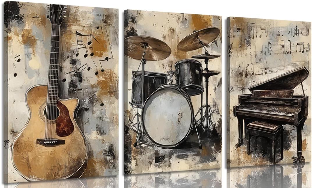 3pcs Vintage Musical Instruments Wall Art Piano Guitar Drums Jazz Posters Artwork Musical Theme Painting Pictures Wall Decor for Studio Gallery Home Decoration 16x24in Framed