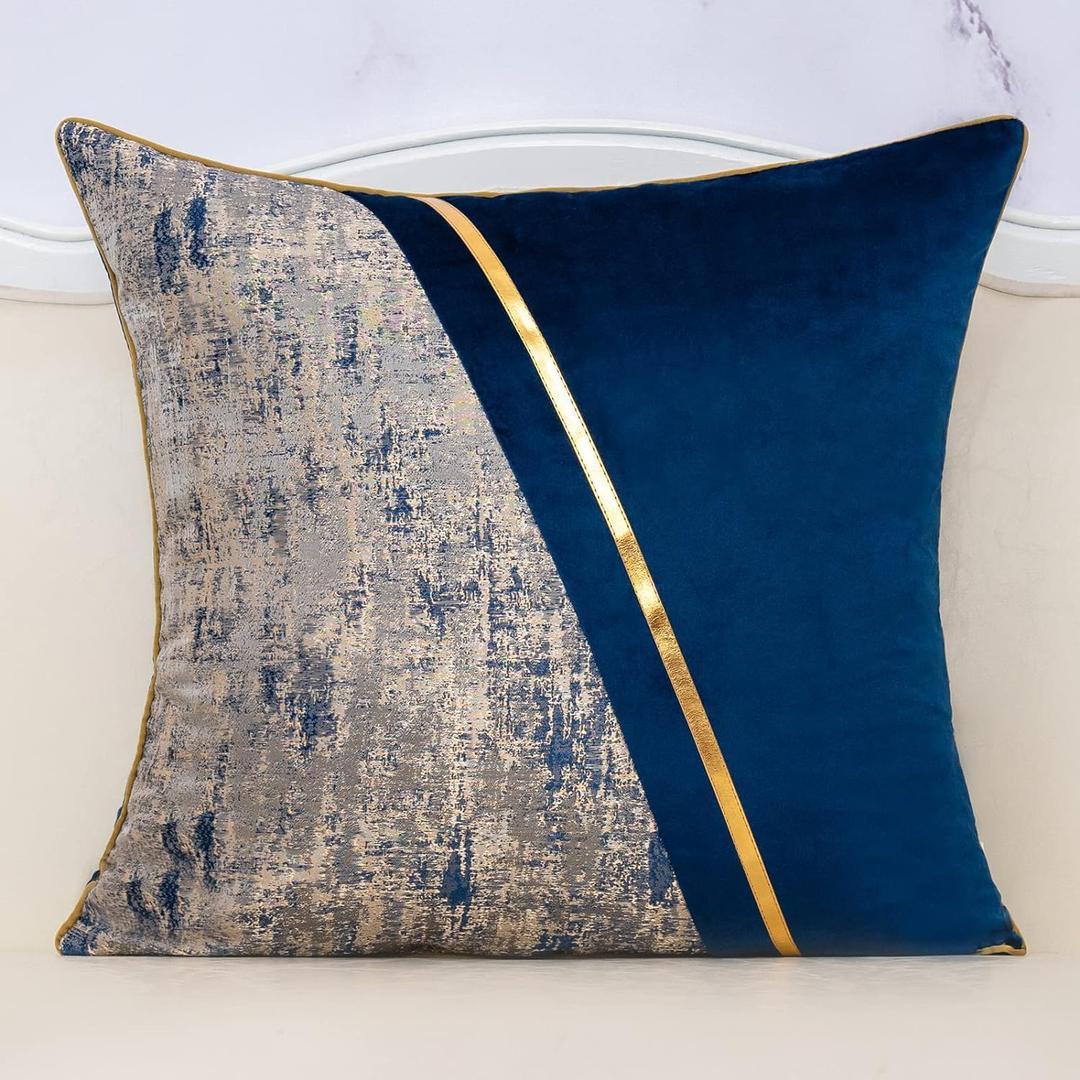 Alerfa 20 x 20 Inch Navy Blue Beige Gold Leather Patchwork Velvet & Polyester Cushion Case Luxury Modern Square Throw Pillow Cover Decorative Pillow for Couch Sofa Living Room Bedroom Car 50 x 50cm