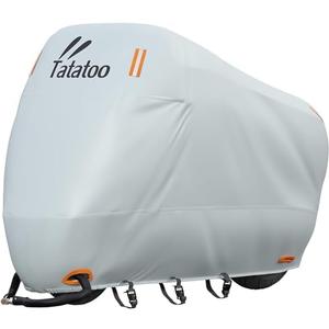 TATATOO Motorcycle Cover Waterproof Outdoor, 300D Heavy Duty, UV & Rain Resistant, 3 Wind-Resistant Buckles, Dual Lock Holes, Includes Storage Bag, Fits Most Motorcycles/Scooters up to 86.6",Silver