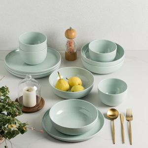 MissYIP 12 Pcs Wheat Straw Dinnerware Sets, Unbreakable Reusable Kitchen Dinnerware Set, Outdoor Camping Dishes, BAP free, Dishwasher Safe,Not oven-safe or microwavable(Celadon)