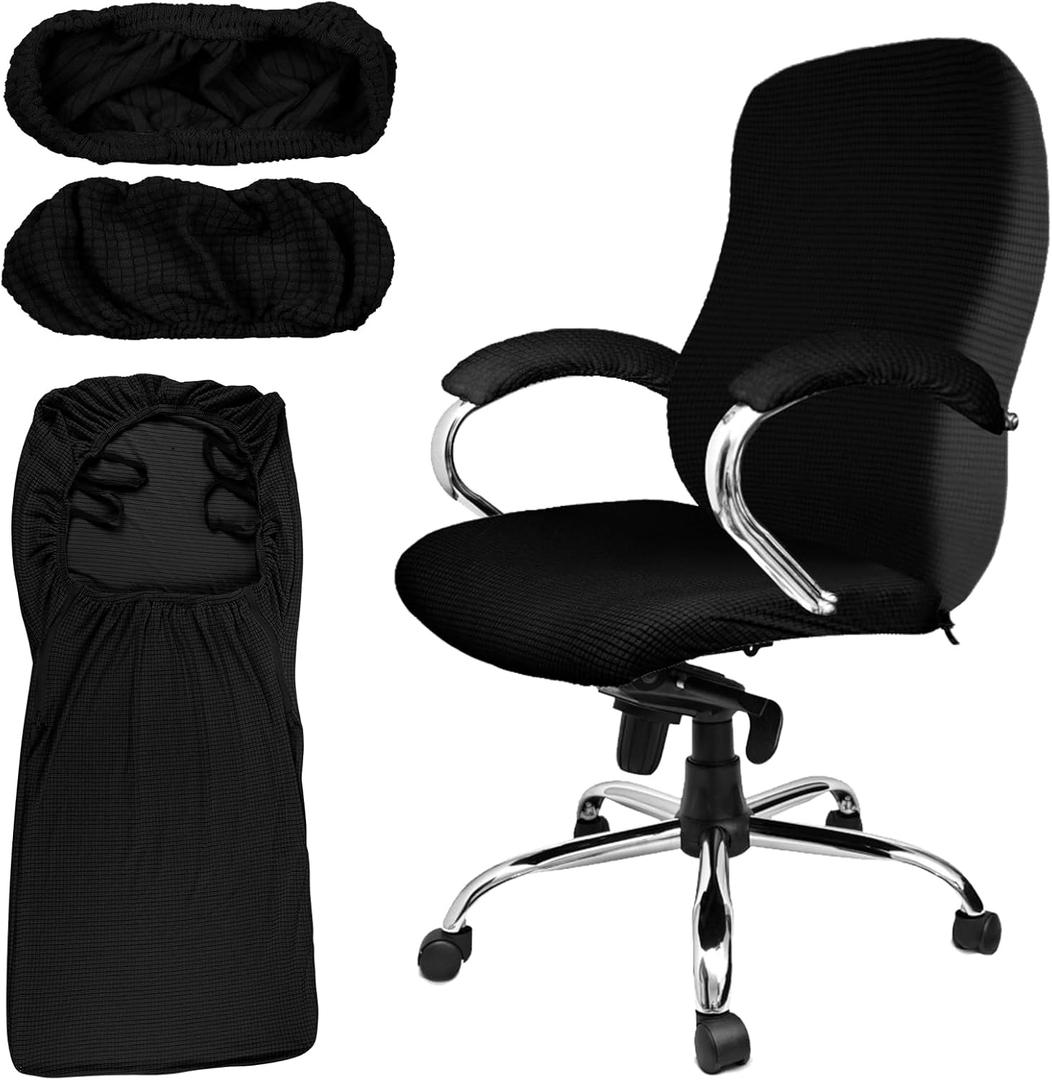 Tatuo 3 Pcs Computer Office Chair Cover Universal Rotating Chair Slipcovers Protector Removable Washable Office Armrest Covers with Zipper for High Back Seat Backrest(M,Waffle,Black)