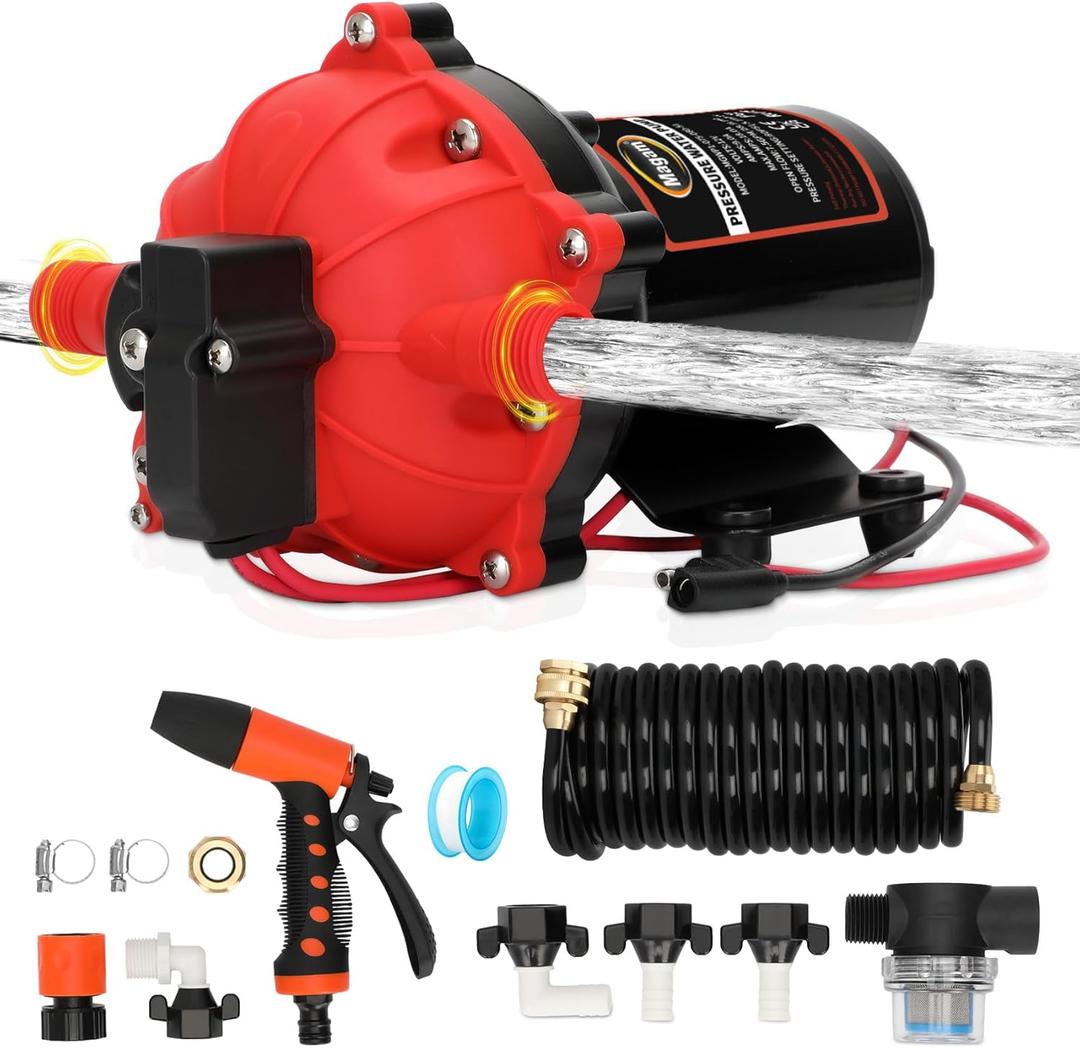 12V Washdown Pump Kit with 7.5 GPM & 80 PSI,RV Fresh Water Pump,Five Chamber Self-Priming Diaphragm Pump with Heavy Duty Pressure Switch,Nozzle & Filter  Ideal for Boats, RVs, Yachts & Campers