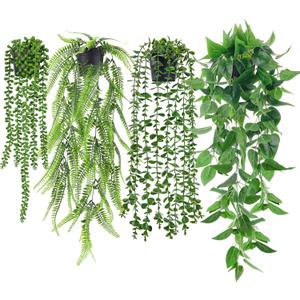 Der Rose 4Pcs Fake Plants Hanging Artificial Ivy Vine Faux Eucalyptus Hanging Plants, Boston Fern, String of Pearls for Living Room Bedroom Boho Wall Shelf Indoor Outdoor Decor (Black Pots-4Pcs Green)