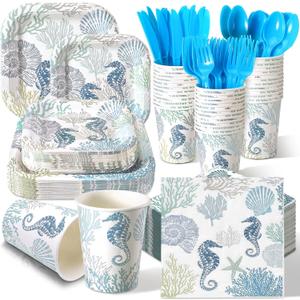 350 Pcs Summer Seashell Beach Party Decorations Serves 50 Starfish Seashell Beach Party Plates Tableware Starfish Coral Disposable Paper Plates Napkin Cup Knife Fork Spoon for Ocean Birthday