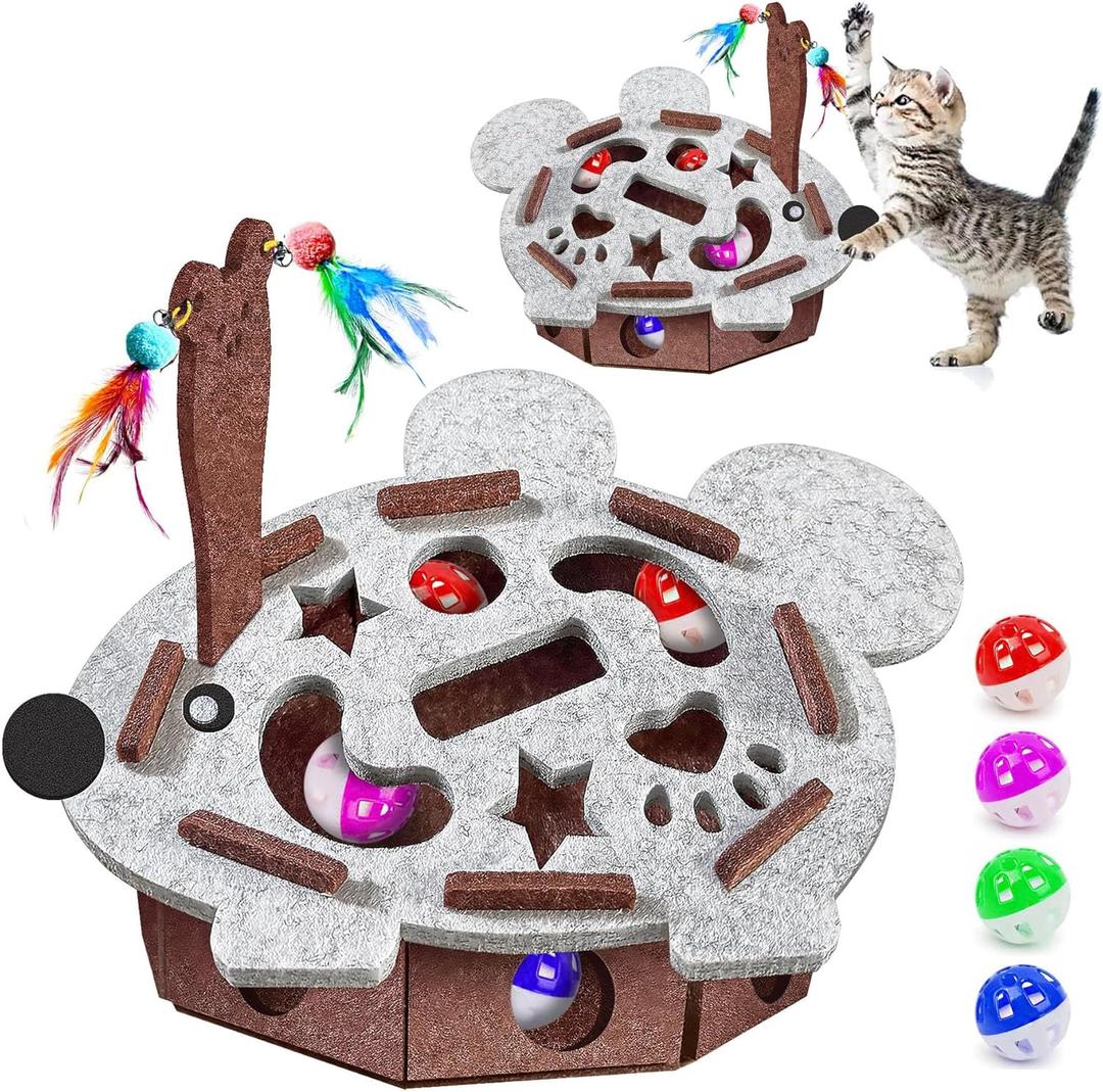 Interactive Felt Cat Maze Box with Cartoon Mouse-Shaped Post Puzzle ExerciseHide Seek Moving Toy for Cats, Mental Enrichment Self-Play Toy Encourages Hunting Instincts with 4 Balls (Gray)