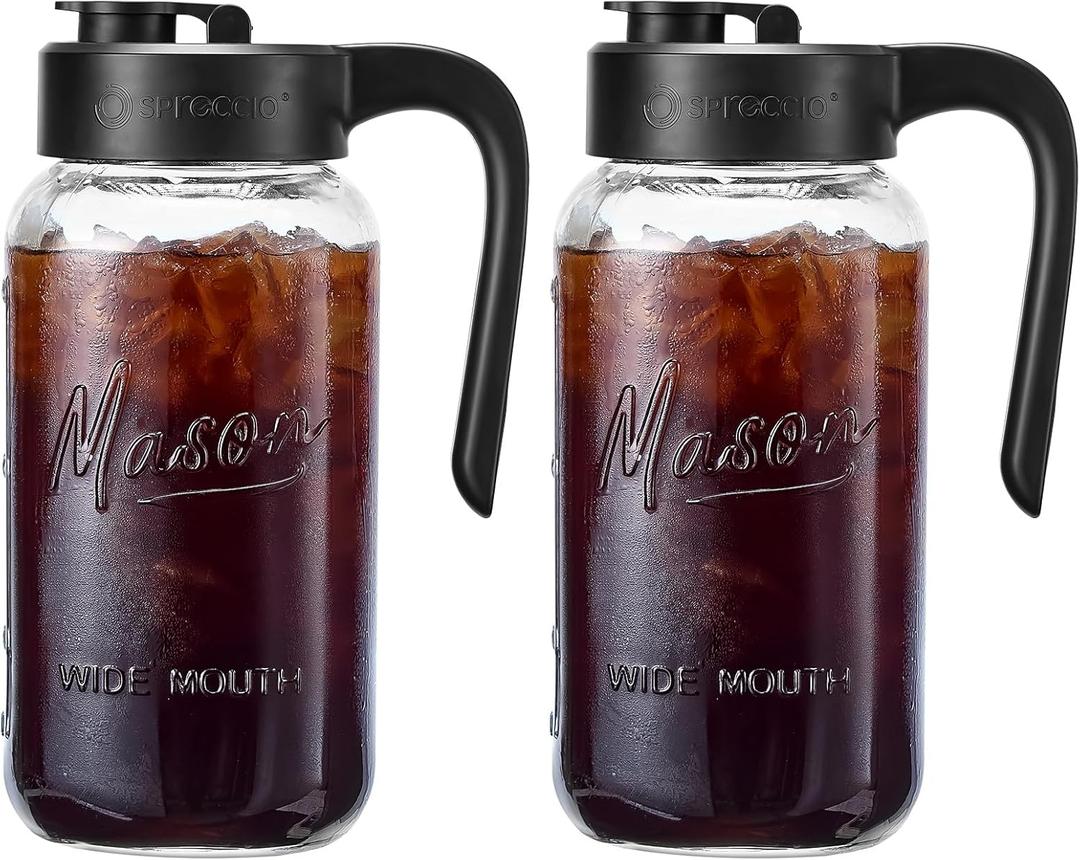 Mason Jar Pitcher - Airtight & Leakproof Glass Pitcher with Lid[set of 2], Perfect for Breastmilk, Cold Brew, and Sun Tea, 2 Quart (64 oz) Mason Jar with Pour Spout Lid (Black)