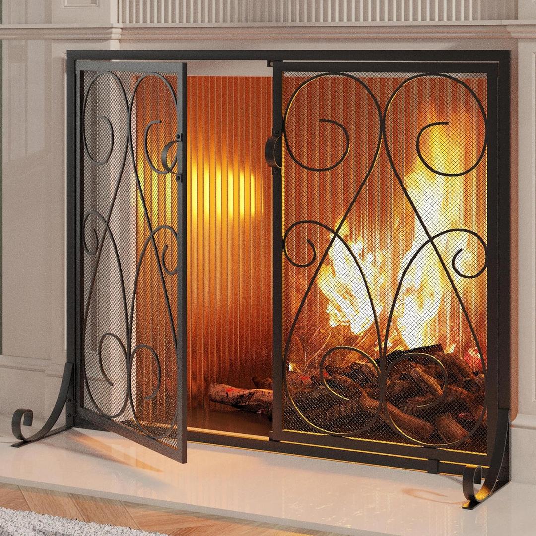 Kingson 2-Panel Fireplace Screen with Doors Handcrafted Wrought Iron Decorative Mesh, Symmetric Scroll Fire Spark Guard-Black