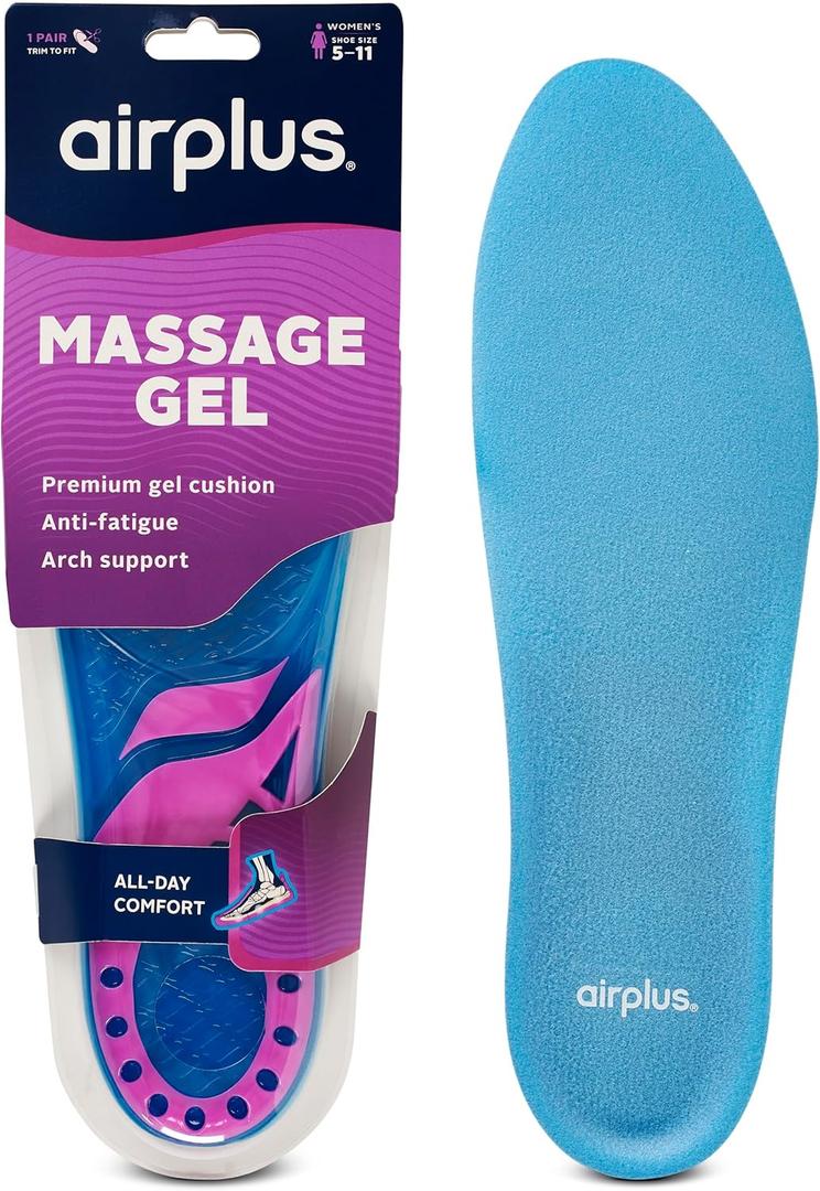 Airplus Super Gel Cushion Insole for Womens Shoe Sizes 5-11 All-Day Comfort, Shock Absorption, Gel Zones, Full-Length Footbed, Trim-to-Fit for Casual, Athletic, Dress Shoes, and Work Boots, 5-11