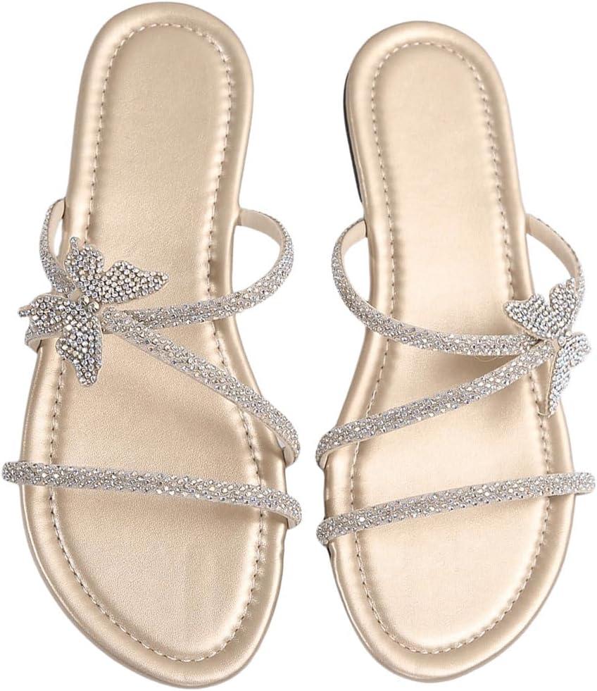 OYOANGLE Women's Butterfly Rhinestone Shiny Slide Sandals Strappy Slip on Flat Sandals Dressy Casual Sliders 39