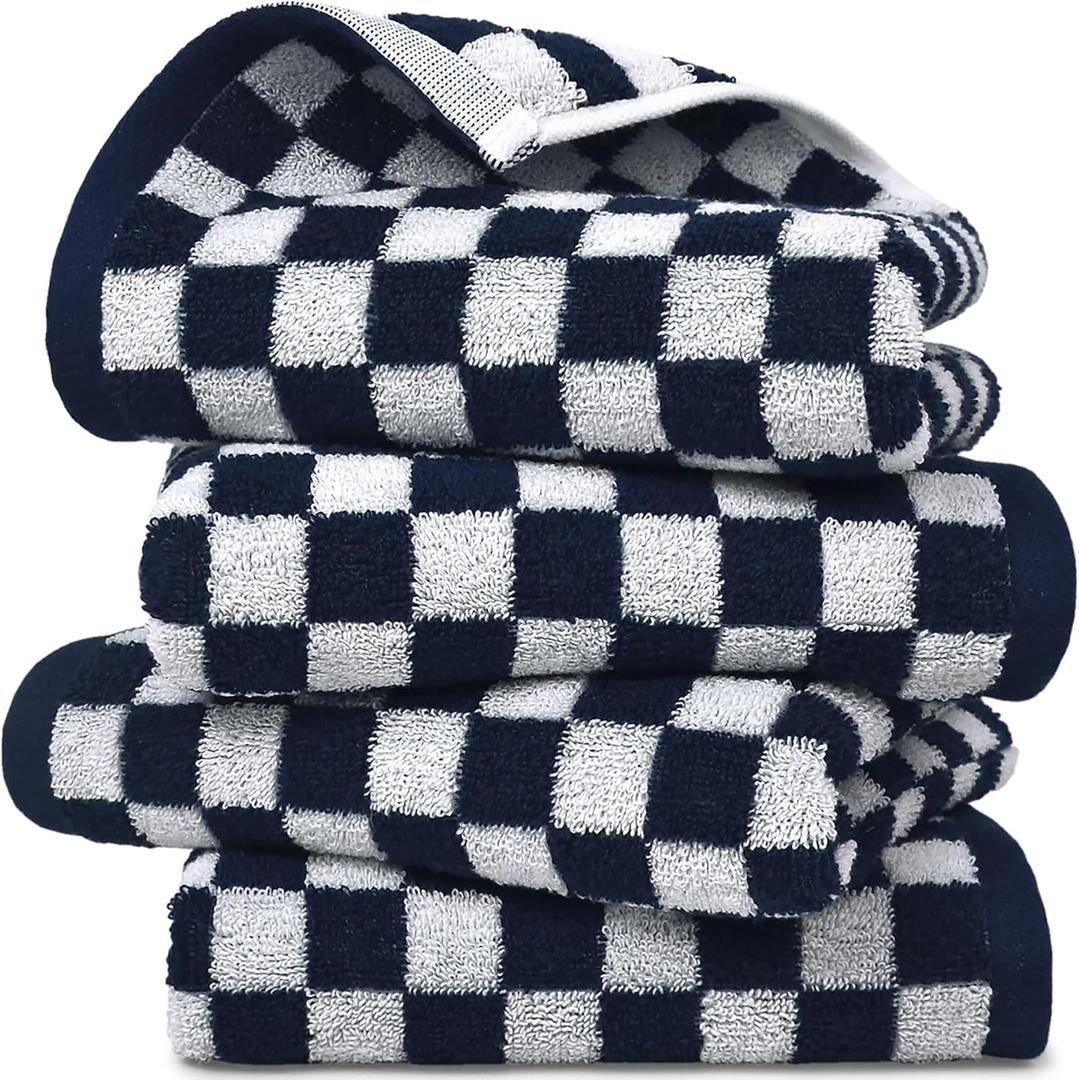 Jacquotha Navy Blue Hand Towels 4 Pack, Cotton Decorative Bathroom Hand Towels & Checkered Kitchen Decor, 13" x 29"