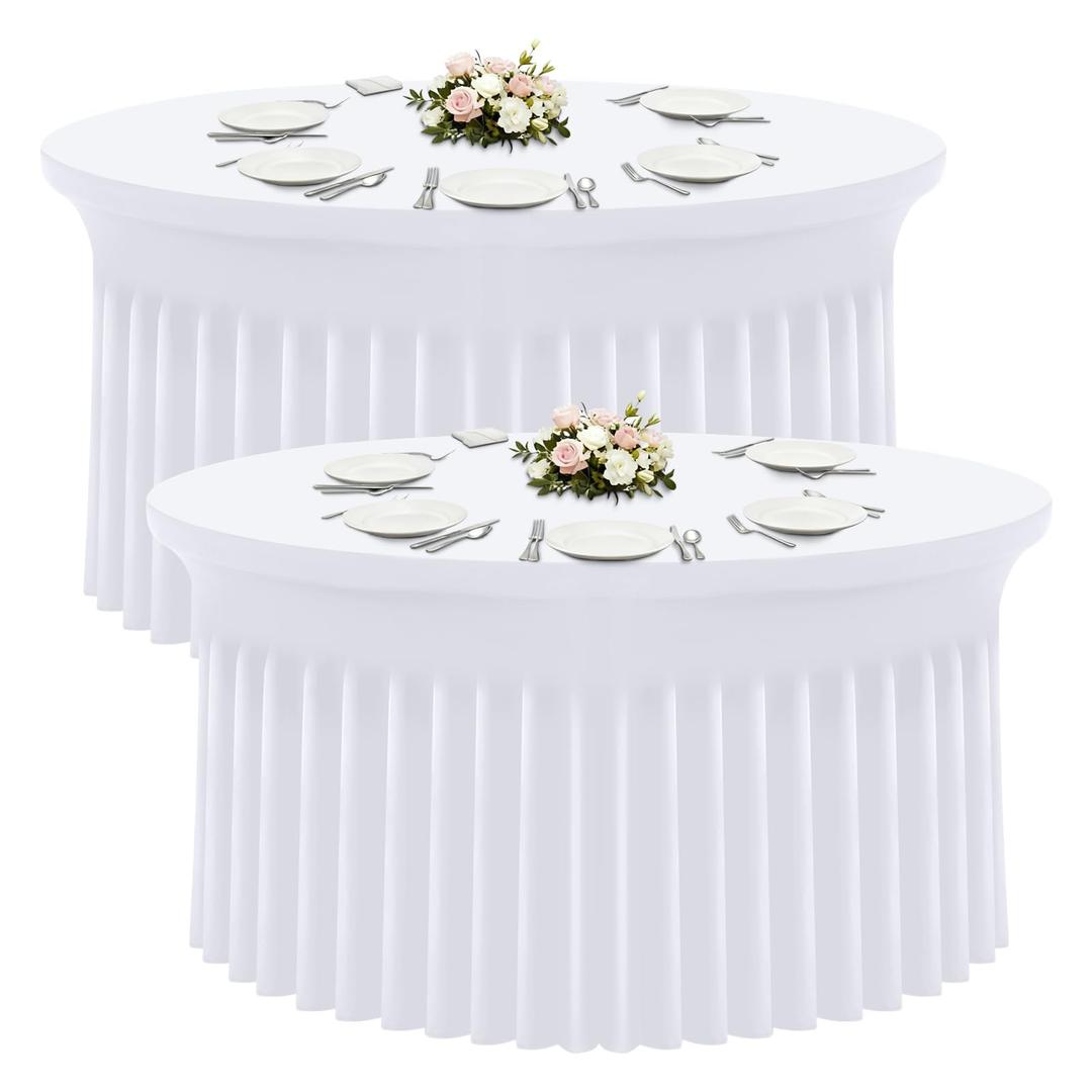 Moosfor Spandex Fitted 48 inch Round Tablecloth 2 Pack, Elastic Stretch Wrinkle Resistant 4FT Table Skirt, Washable Reusable Table Cover for Wedding, Banquet, Party Events, White