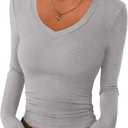 PRETTYGARDEN Womens Long Sleeve Slim Fit Crop Tops | Soft Stretchy Knit, Deep V Neck T Shirt, Fashion Fitted Basic Top, Casual Party Going Out Wear, Trendy Fall Clothes (Gray, XL)