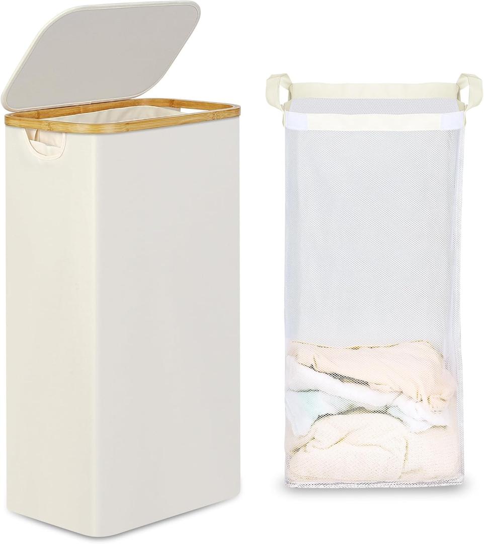efluky Slim Laundry Basket with Lid, Narrow Laundry Hamper with Removable Bag, Skinny Dirty Clothes Basket with Bamboo Handles for Bathroom, Bedroom & Laundry Room, 75L Beige