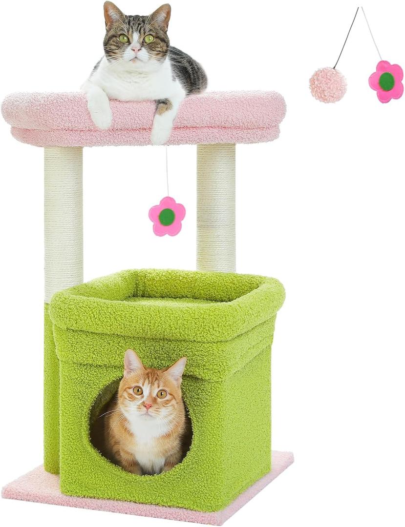 PEQULTI Cat Tree Flower Cat Tower for Indoor Cats with Private Cozy Cat Condo, Natural Sisal Scratching Posts and Plush Pom-pom for Small Cats, Pink (27 Sleeping Tree)