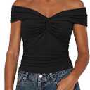 Womens Tops Summer Twist Knot Front Off The Shoulder Shirt Cap Sleeves Y2K Crop Top 9058 Brick Black, Medium
