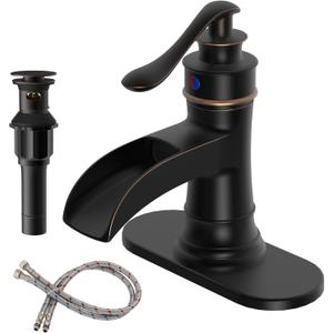 BWE Oil Rubbed Bronze Bathroom Sink Faucet 1 Hole, Single Handle Waterfall Bathroom Faucet with Pop Up Drain and Hoses, Lead-Free Vanity Faucet for Home or Commercial Use, Brass Construction