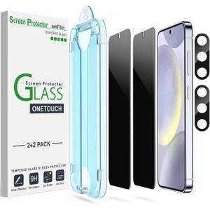 amFilm Auto-Alignment OneTouch for Samsung Galaxy S24+/S24 Plus 6.7" Privacy Screen Protector + Camera Lens Protector, Tempered Glass, 30 Seconds Installation, Bubble Free, Privacy Protection 2+2 Pack