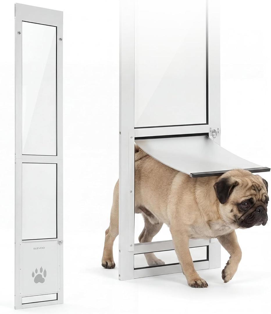 Slevoo Sliding Glass Dog Door, No-Cut Installation, Height Adjustable 79 1/5" to 82", Upgraded Silicone Flap, Weatherproof & Secure Pet Door for Medium/Large Dogs, White Aluminum Frame (Medium)