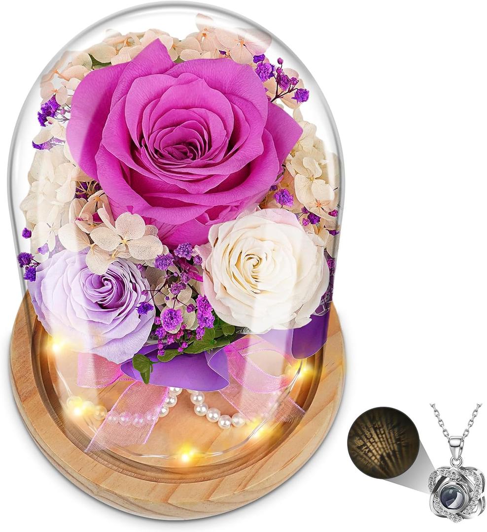 Preserved Flower in Glass Dome with Necklace - Forever Fresh Roses Gift for Women - Eternal Rose That Lasts 1-3 Years - Real Colorful Flowers for Delivery Prime - Birthday Gift for Mom, Grandma, Wife
