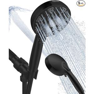 High Pressure Shower head with Handheld 7 Modes, Built-in Power Wash to Clear Tub. Tile & Pets, 5” High Flow Hand Held Hydro Rain Showerhead with Stainless Steel Hose and Adjustable Bracket-Matt Black