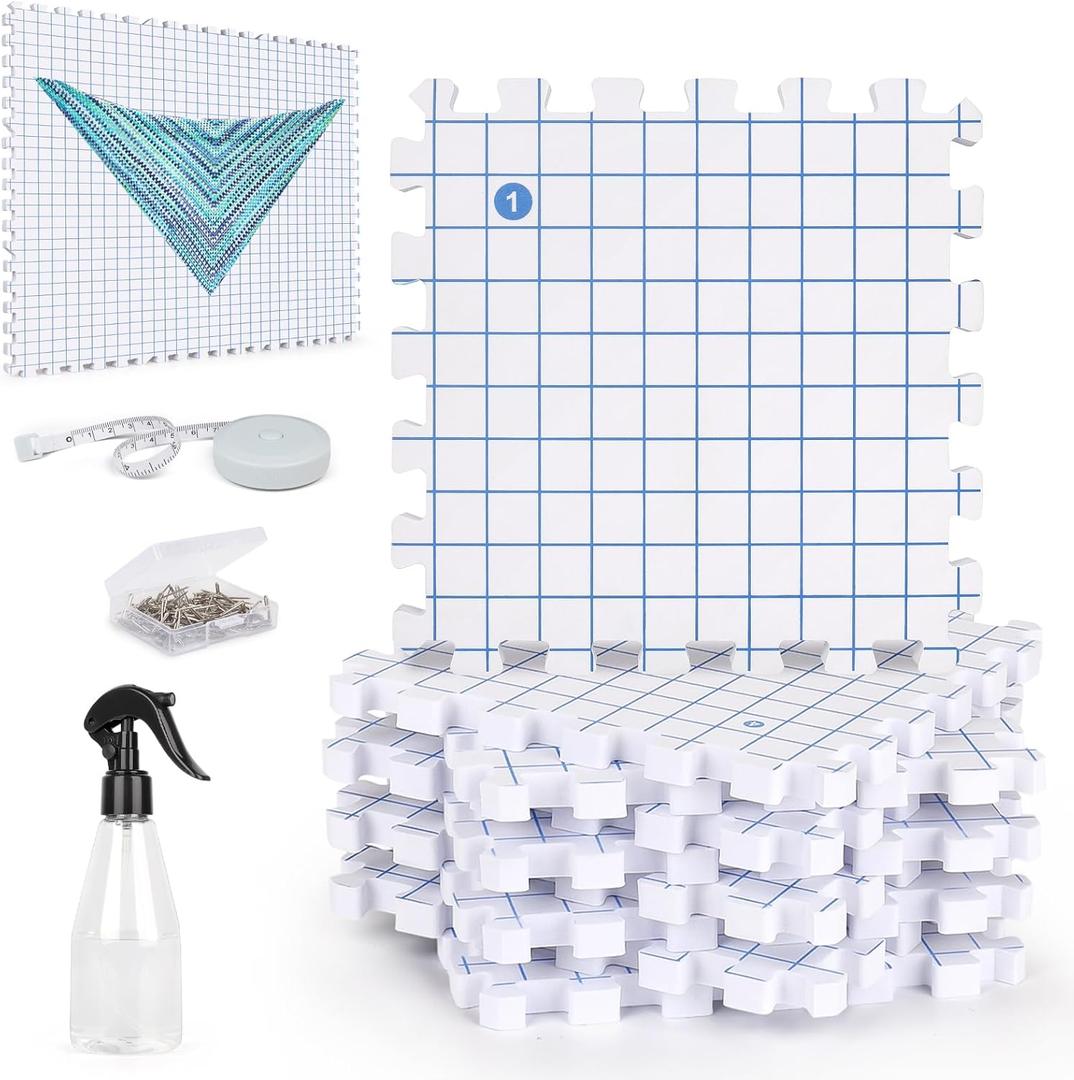 Katech Interlocking Blocking Mats for Knitting & Crochet Projects-Extra Thick Crochet Blocking Board for Crocheting with 100 T-Pins, Precise Grid-Knitting Blocking Mats and Pins-9 Packs(Extra Sprayer)