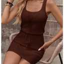 RoseSeek Women's Waffle Knit Belted Tank A Line Dresses Square Neck (Brown)