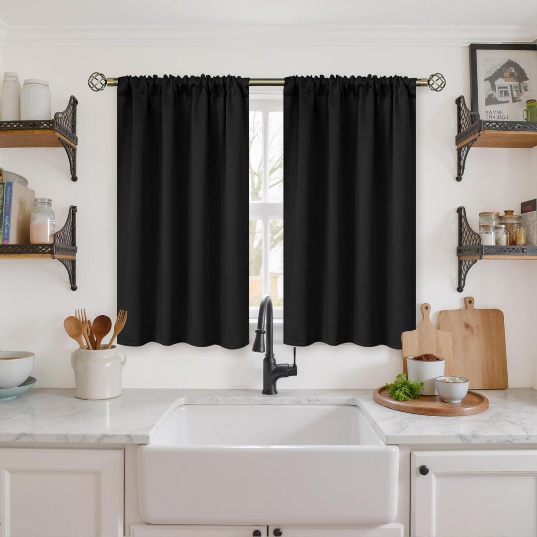 BGment Black Blackout Curtains 40 Inches Long for Kitchen Windows - Short Thermal Insulated Drapes with Rod Pocket Privacy for Cafe Bedroom Window, 42 x 40 Inch, 2 Panels
