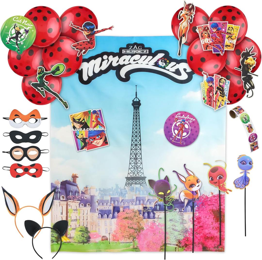 50pc Miraculous Ladybug All-in-One Birthday Party Supplies Set | Zag Heroez Celebration Kit with Backdrop, Props & Tableware