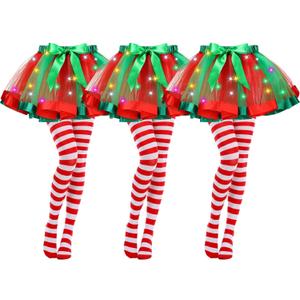 Cuffbow 3 Sets Christmas LED Light up Tutu Skirt and Striped Tights Set for Women Include 3 Light up Layered Tutus 3 Red and White Pantyhose for Christmas Party Costume Neon Party