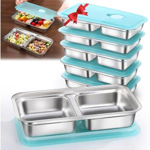 6 Pack Stainless Steel Snack Containers Reusable, Grab and Go 2 Compartment Food Storage Containers with Leakproof Lids for Travel and Outdoor Camping School Lunch Prep Dishwasher Safe