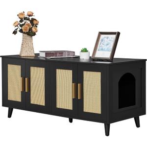 Homhedy Boho Cat Litter Box Enclosure for 2 Cats, Wooden Cat Washroom Furniture with Double Rattan Decorated Doors, Pet House,47.2L x 19.7W x 21.7H, Black and Natural