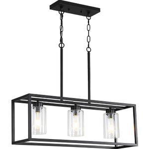 Black 3-Light Dining Room Light Fixture, Modern Farmhouse Chandeliers, Linear Rectangular Kitchen Island Lighting, Industrial Vintage Pendant Lighting with Clear Glass Shade Height Adjustable
