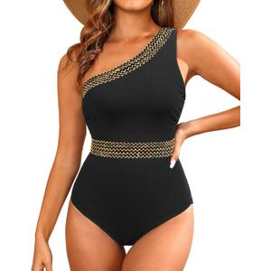 Blooming Jelly Women's Tummy Control Swimsuits Slimming High Cut One Piece Swimsuit(Large,Black)