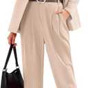 EXLURA Women's Business Blazer and High Elastic Waist Pant Suit Set Loose Fit Casual Fall Winter 2 Piece Suits for Work (Large, Apricot)