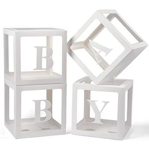Baby Boxes with Letters for Baby Shower, 4 Transparent Balloon Boxes with Letters for Gender Reveal Birthday Wedding Baby Shower Decorations (White)