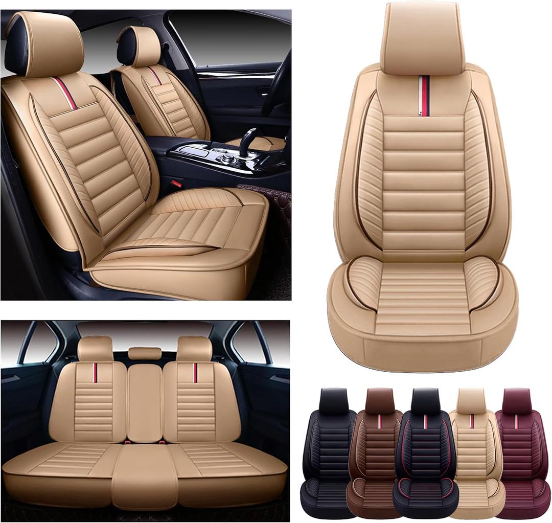 OASIS AUTO Car Seat Covers Premium Waterproof Faux Leather Cushion Universal Accessories Fit SUV Truck Sedan Automotive Vehicle Auto Interior Protector Full Set (OS-001 Tan)