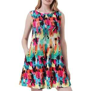 Scotamalone Summer Dresses for Women Casual Beach Travel Vacation Floral Tshirt Sundress Tank Dress Sleeveless with Pockets (L)