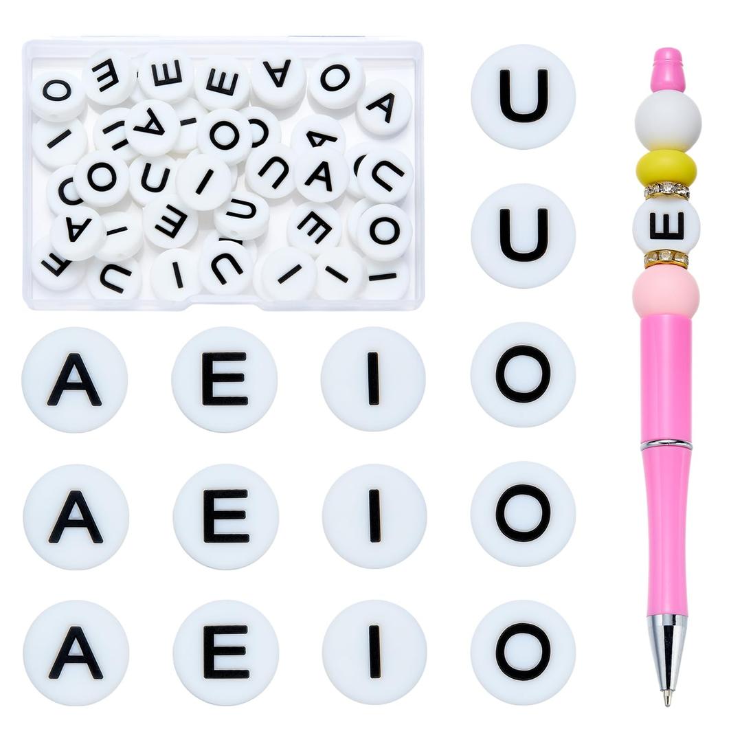 HUAAPLEVLA 50 Pcs Silicone Vowel Letter Beads for Bracelets Flat Round Silicone Alphabet Beads for Keychains Pens Lanyards DIY Crafts Jewelry Making (Horizontal Hole Vowel Letters)