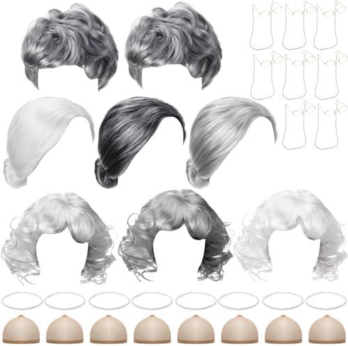 CraftyDream 32 Pcs Old Lady Wig Costume for Women Old Grandma Granny Grandpa Wig for 100 Days of School Cosplay (Classic, Cool)