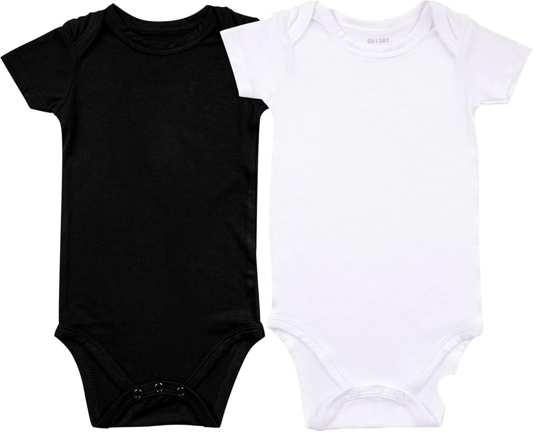 GUISBY Baby Short Sleeve Bodysuits, Rayon Summer Newborn Infant Boys Girls (12-18 Months, White/Black)