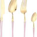 Small Waist Handle Kitchen Stainless Steel Silverware Tableware Flatware Cutlery Set Steak Knife Fork Spoon Teaspoon (Gold pink,4 pieces)