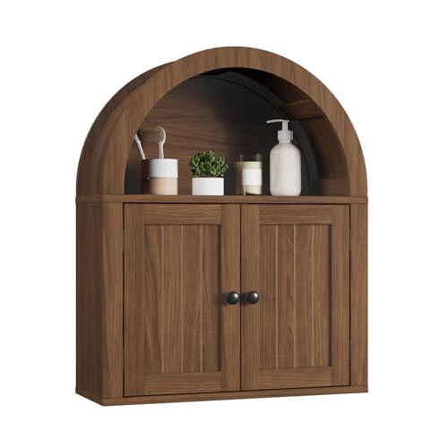 ChooChoo Arched Wall Cabinet, Bathroom Cabinet Wall Mount Over The Toilet with Display Shelf, Double Door Medicine Cabinet, Wooden Storage Cabinet for Kitchen, Living Room or Entryway, Walnut