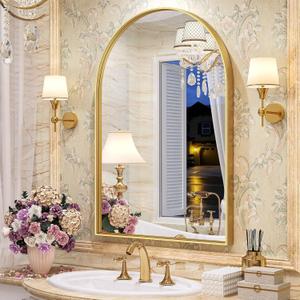 Brightify Gold Arched Mirror, 24 x 32 Inch Arch Wall Mirror, Brass Metal Frame Bathroom Mirror, Arched Top Bathroom Vanity Mirror for Living Room Bedroom Mantel Entryway Hallways