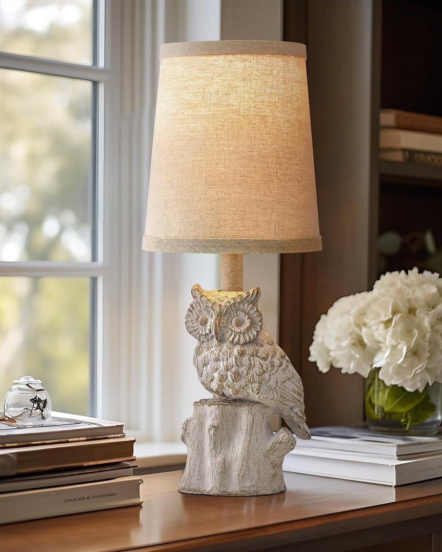 G-SAFAVA 14.25" Small Table Lamp for Living Room Farmhouse Bedside Resin Single Lamp with White Owl Lamp Shape for Bedroom Retro Rustic Nightstand Lamp