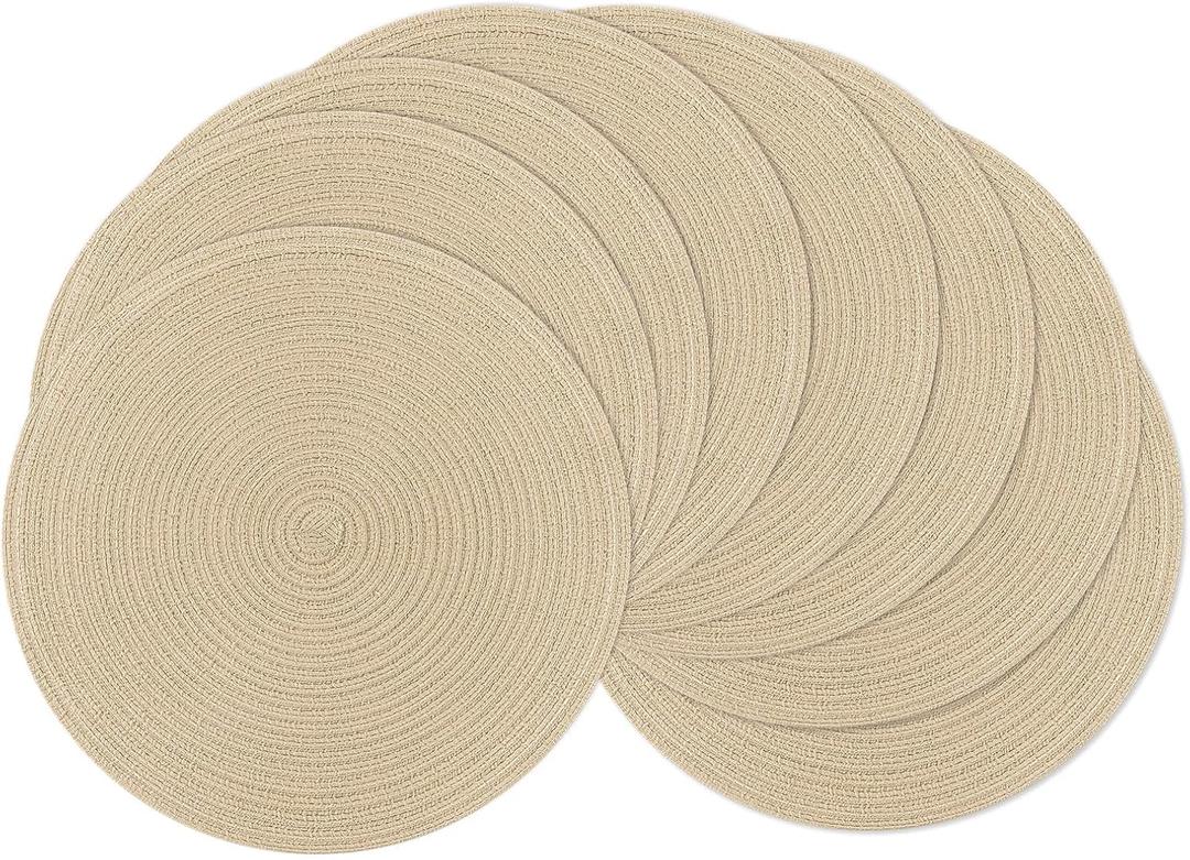 SHACOS 15 inch Round Placemats Set of 8 for Dining Table Cotton Polyester Braided Place Mats Washable Kitchen Table Mats for Dinner Party Table (Light Beige, 8)