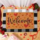 Fabbay 2 Pcs Valentines Day Doormat Welcome Heart Door Mat Black and White Checkered Mat Buffalo Plaid Rug with Rubber Non Slip Backing Rug for Home Kitchen Entrance Front Door Outdoor