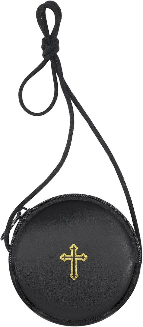 Leather Communion Burse for Pyx, Catholic Pyx Case with Strap for Communion Host Priests Deacons Gifts (Black)